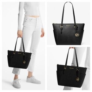 MICHAEL KORS 
Charlotte Large Saffiano Leather Top-Zip Tote Bag